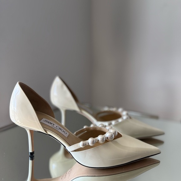 New Jimmy Choo Aurelie 65 Latte Patent Leather Pointed Pumps with Pears $995 - Picture 10 of 14